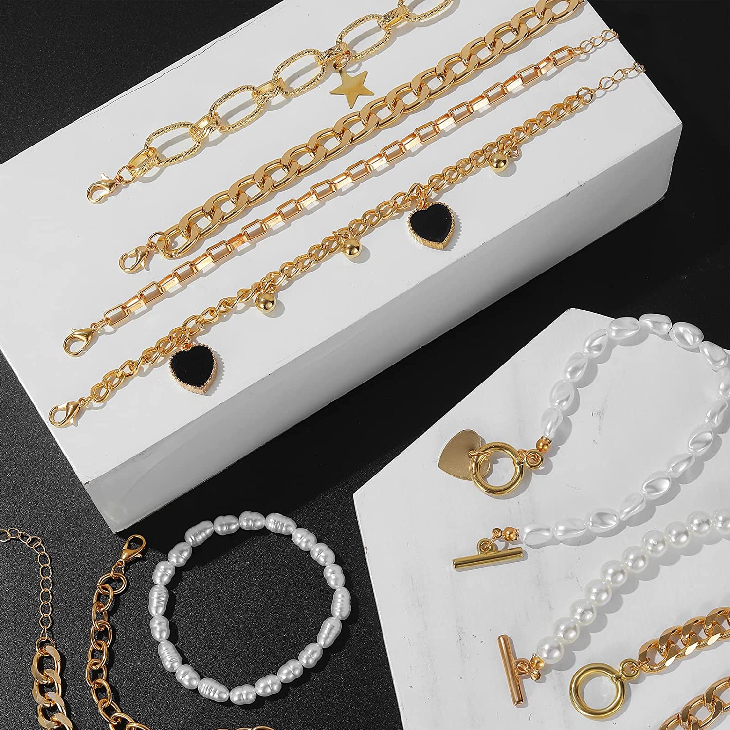 IFKM 6 PACK (24 PCS) Boho Gold Chain Bracelets Set for Women Girls, 14K Gold Plated Multiple Layered Stackable Open Cuff Wrap Bangle Adjustable Link Italian Cuban Jewelry for Women Girls Gift… - Image 2